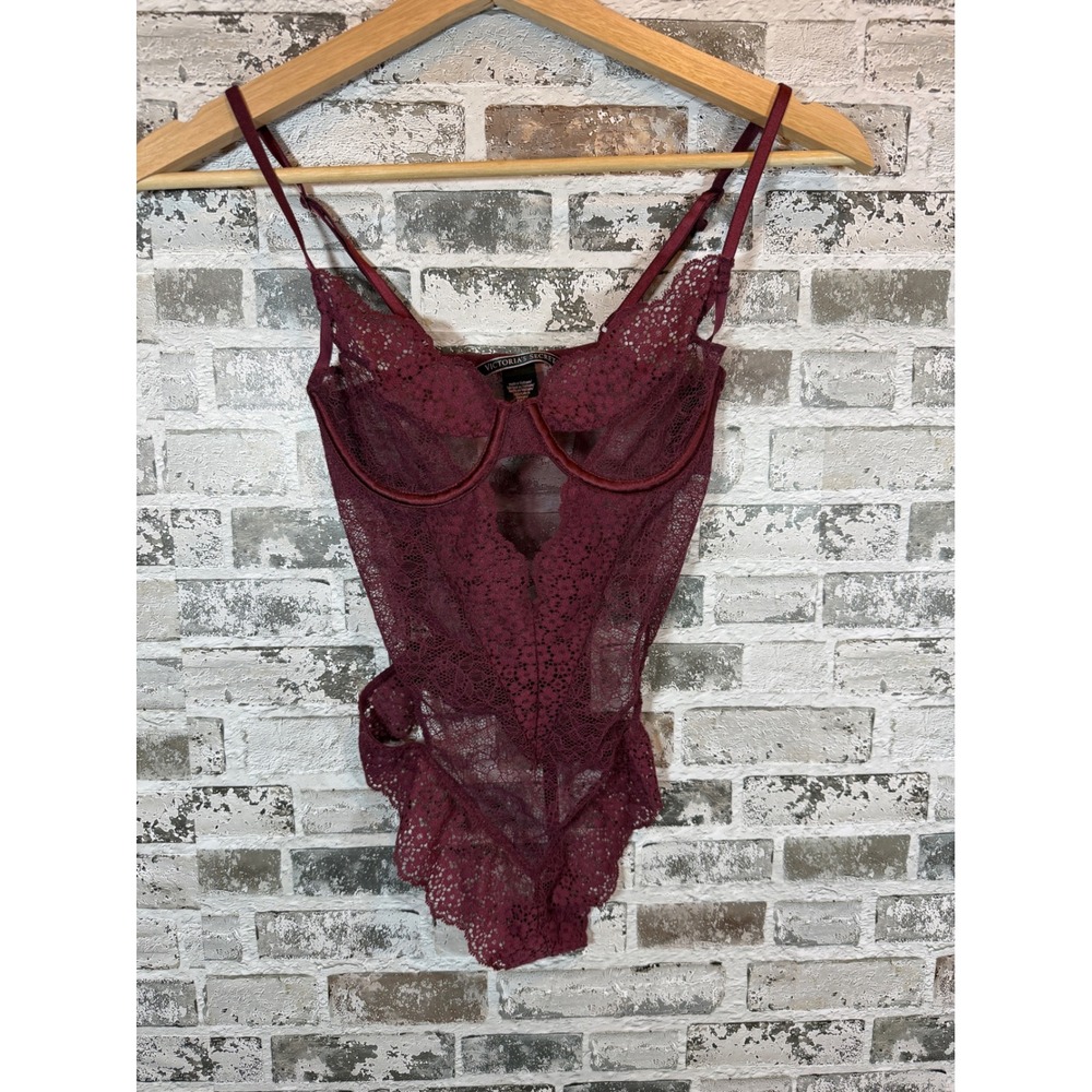 Victoria's Secret‎ Teddy Bodysuit Womens 32C Burgundy Excellent Lace Underwire